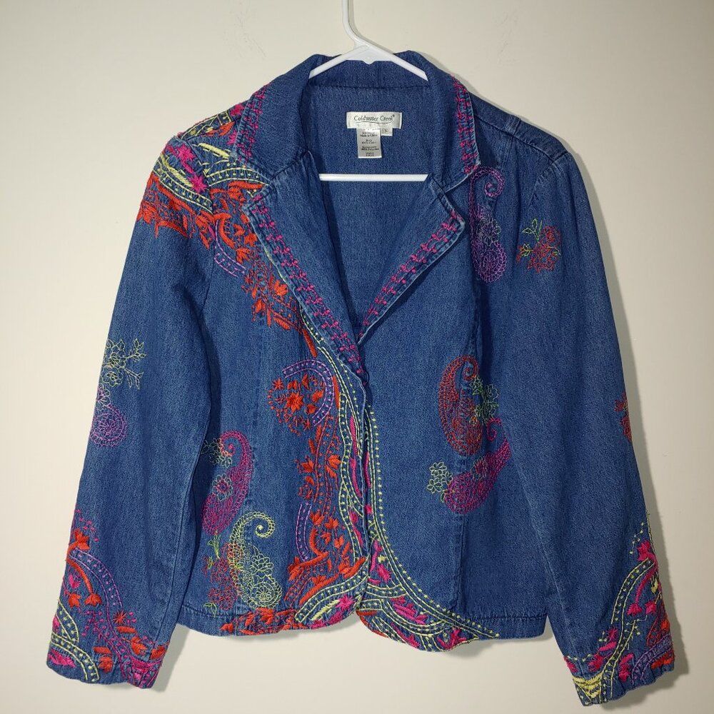 Coldwater Creek 3 Snap Buttons Front Closure Embroidered Jean Jacket Size L Blue